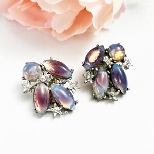 Vintage Purple Moonstone Style Cluster Clip Earrings